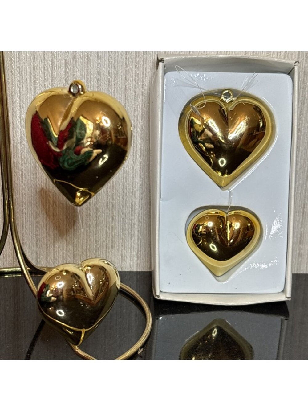 Vtg Dept 56 Heart Of Gold Ornament Set 18k Gold Plated Christmas Valentines Gift